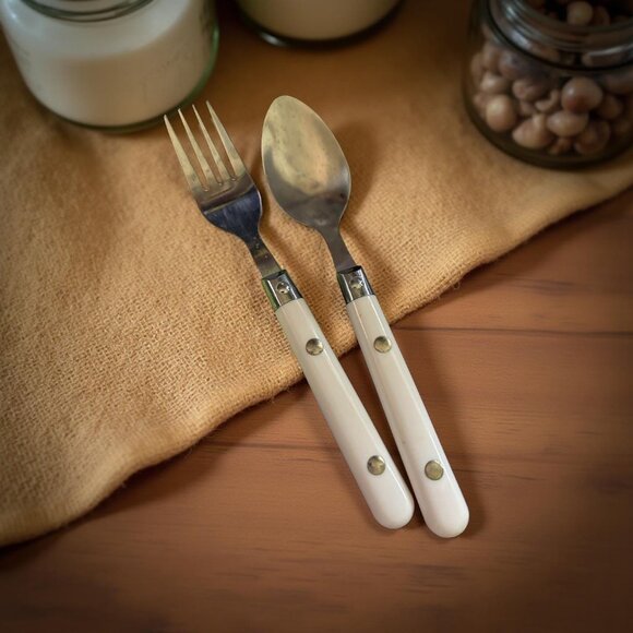 Vintage White Plastic Handle Flatware Set – 14 Pc Stainless Steel Rustic Cabin C - Picture 4 of 12